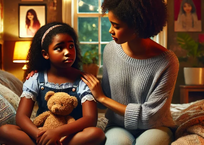 DALL·E 2025-04-10 12.12.30 – A cozy bedroom scene where a young Black girl, Malia, around 9 years old, is sitting on a bed talking to her older cousin Tasha, a middle schooler. Ma DALL·E 2025-04-10 12.12.30 - A cozy bedroom scene where a young Black girl, Malia, around 9 years old, is sitting on a bed talking to her older cousin Tasha, a middle schooler. Ma
